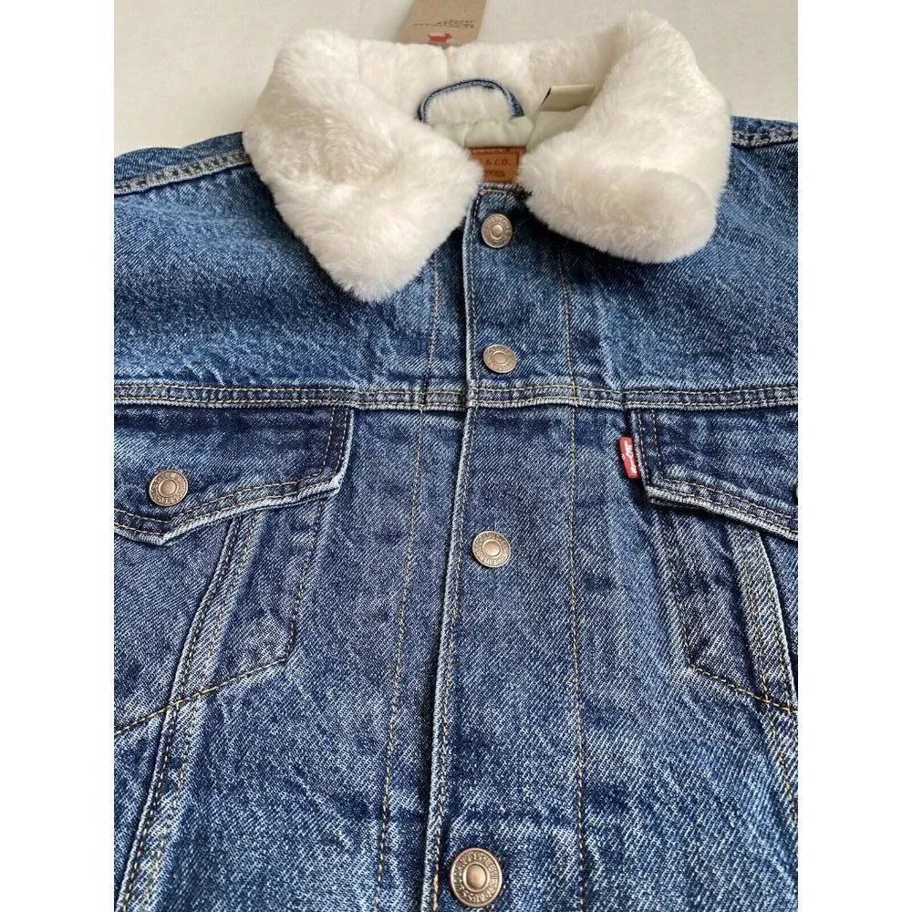 Levi's Women’s Cozy Faux‎ Fur Collar Ex-Boyfriend Trucker Denim Jacket Sz XL NWT - Picture 3 of 11